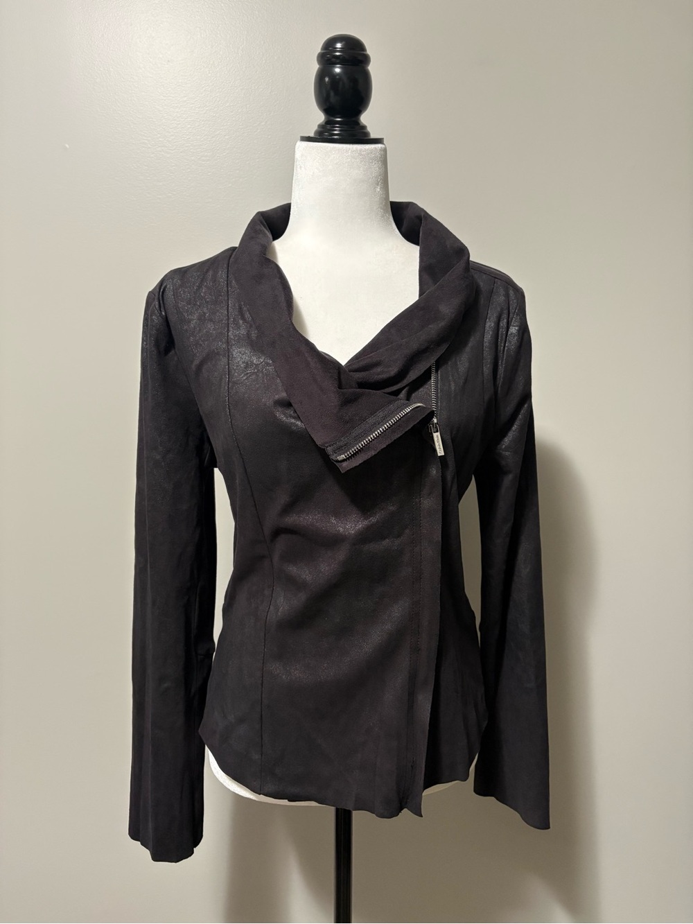 Calvin Klein Asymmetrical Drape-Neck Moto Jacket Black Faux Suede